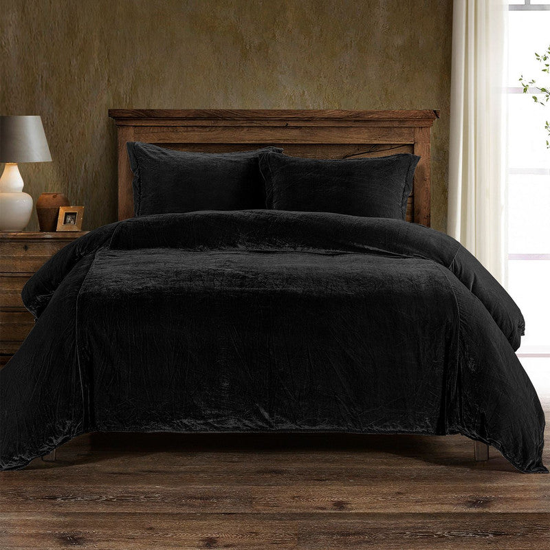 Sierpnia 3-Piece Silk Look Velvet King Duvet Cover Set - Black