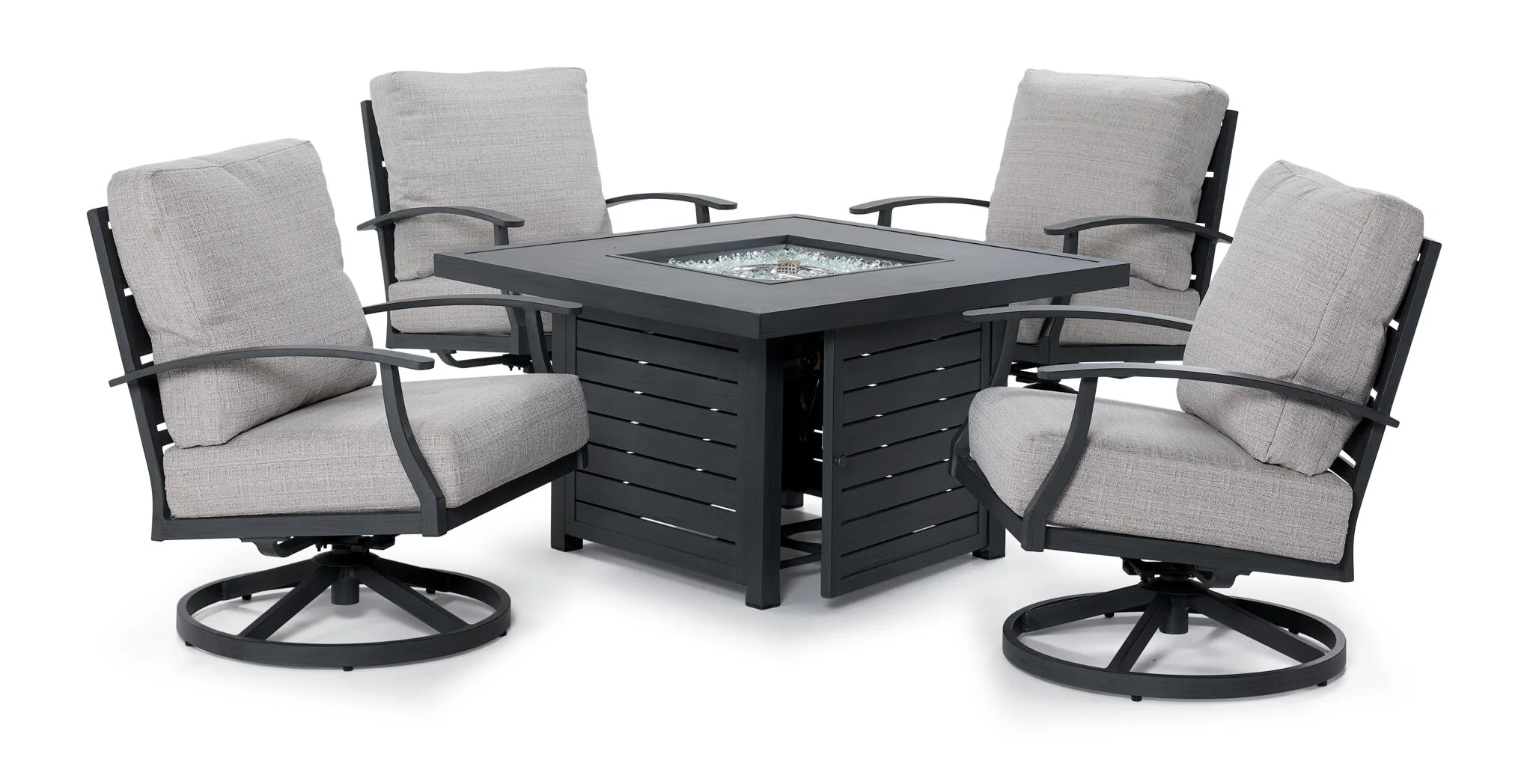 West Lake 5-Piece Outdoor Swivel Chair Chat Set with Fire Pit - Grey - Image 5