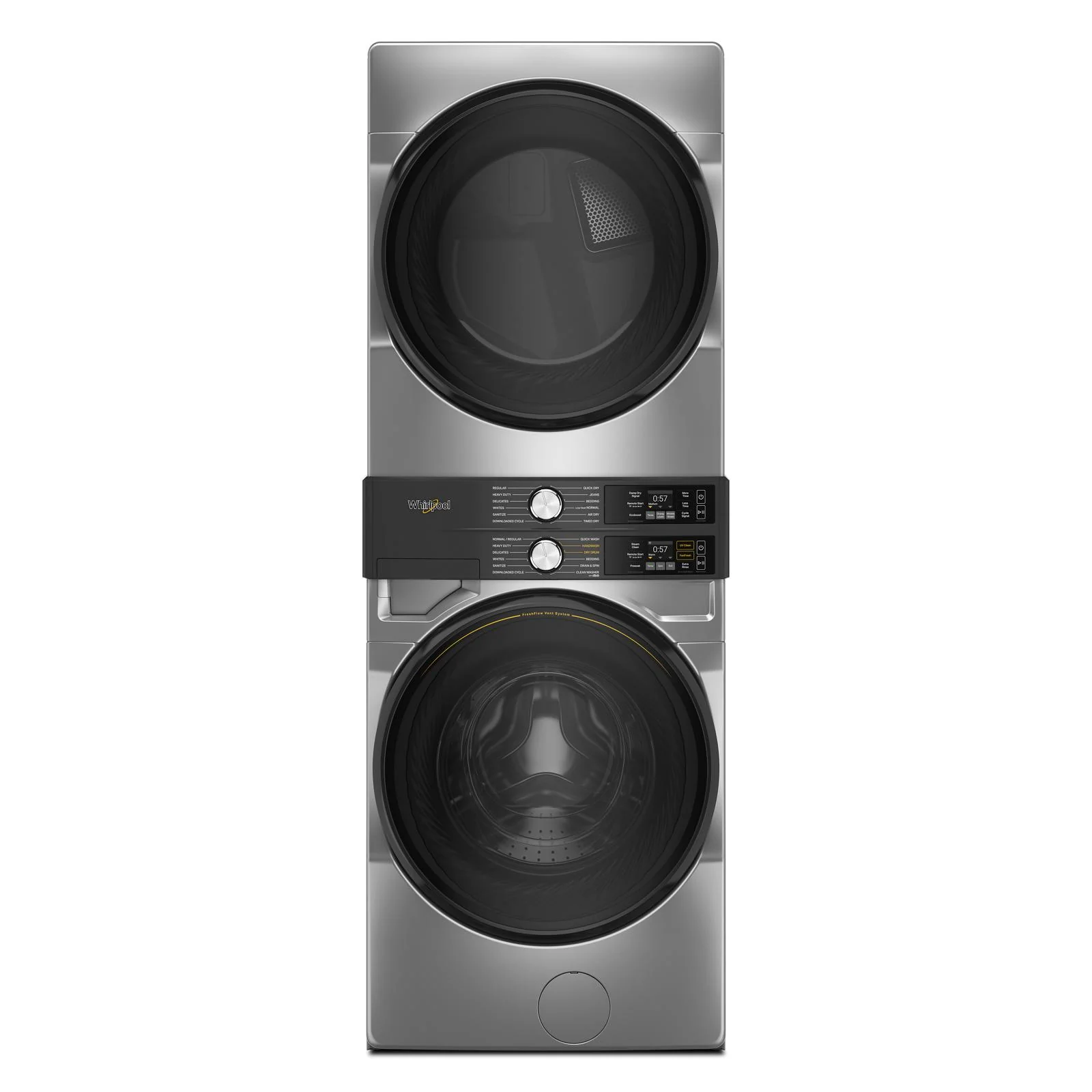 Whirlpool Radiant Silver Front Load Laundry Tower with FreshFlowTM Vent System and UV Clean Technology (5.2 cu. ft. Washer & 7.4 cu. ft. Electric Dryer) - YWEF5727TR