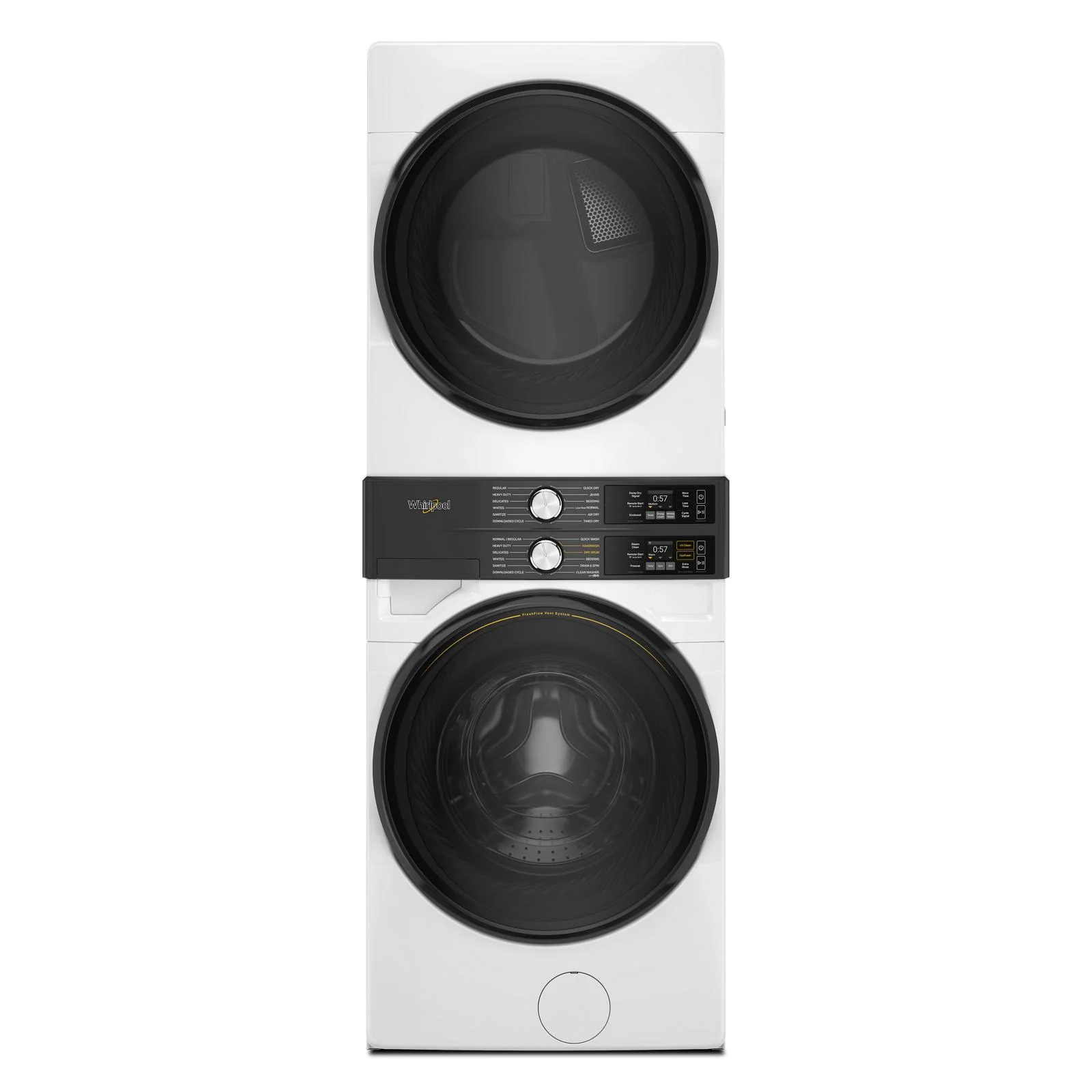 Whirlpool White Front Load Laundry Tower with FreshFlowTM Vent System and UV Clean Technology (5.2 cu. ft. Washer & 7.4 cu. ft. Gas Dryer) - WGF5727TW
